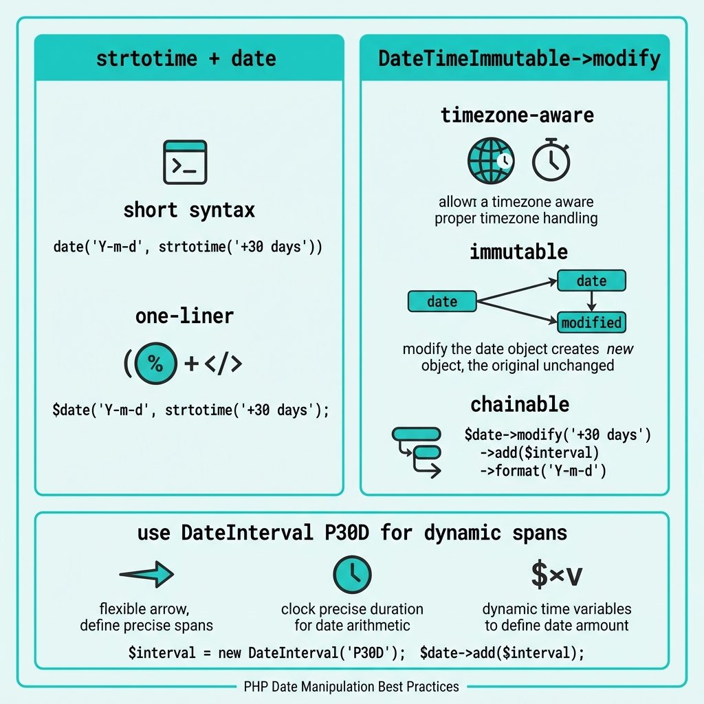 PHP add days to date — strtotime quick form vs DateTimeImmutable production form