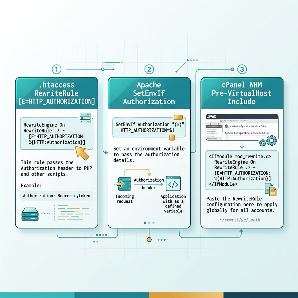 Fix missing Authorization header in PHP — .htaccess rule, SetEnvIf, cPanel Pre-VirtualHost include