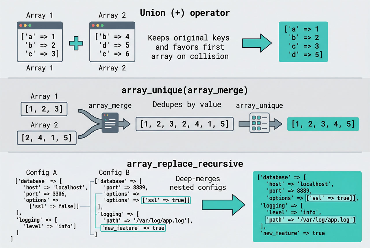 php merge arrays unique — plus operator keeps keys, array_unique+array_merge dedups by value