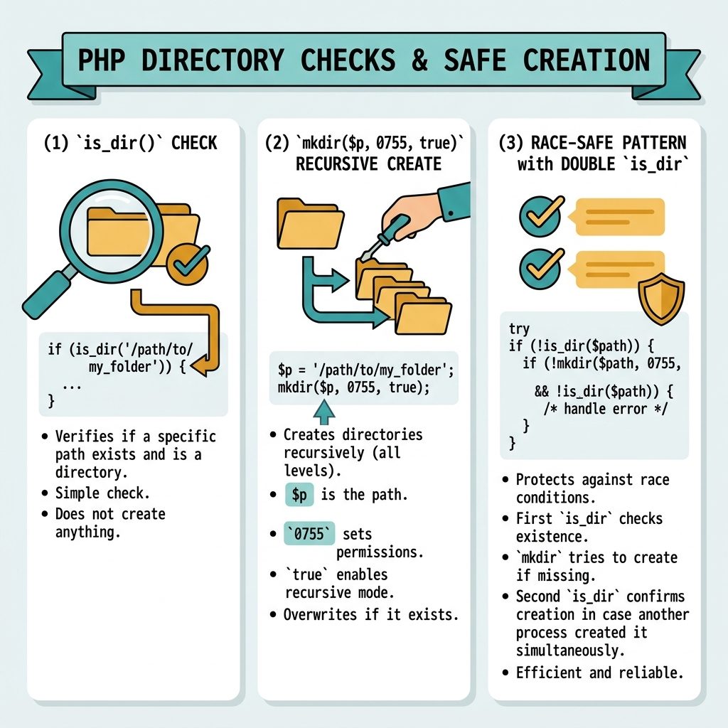 PHP mkdir if not exists — is_dir check, recursive flag, race-safe variant