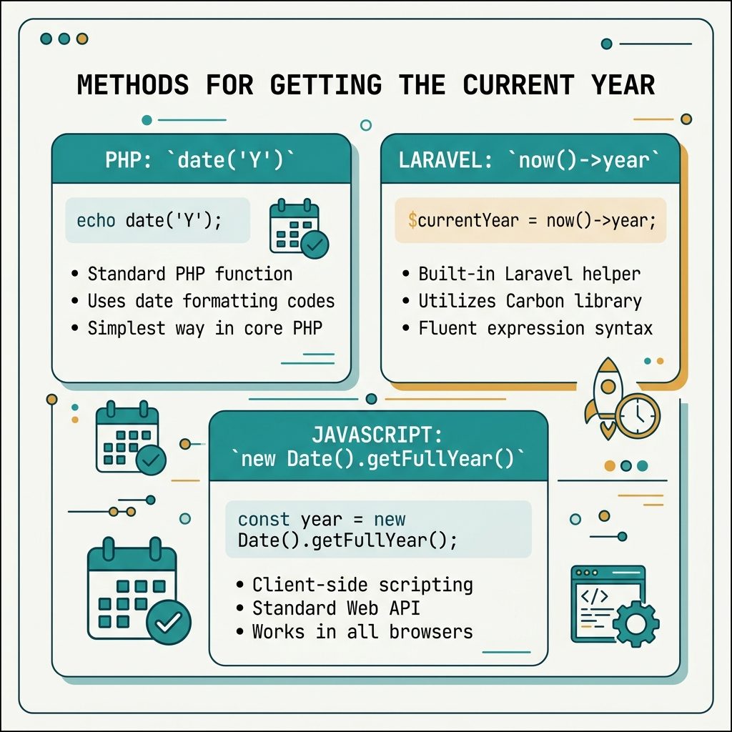 Current year — PHP date('Y'), Laravel now()->year, JavaScript getFullYear” class=”wp-image-5613″/></figure>



<h2 id=