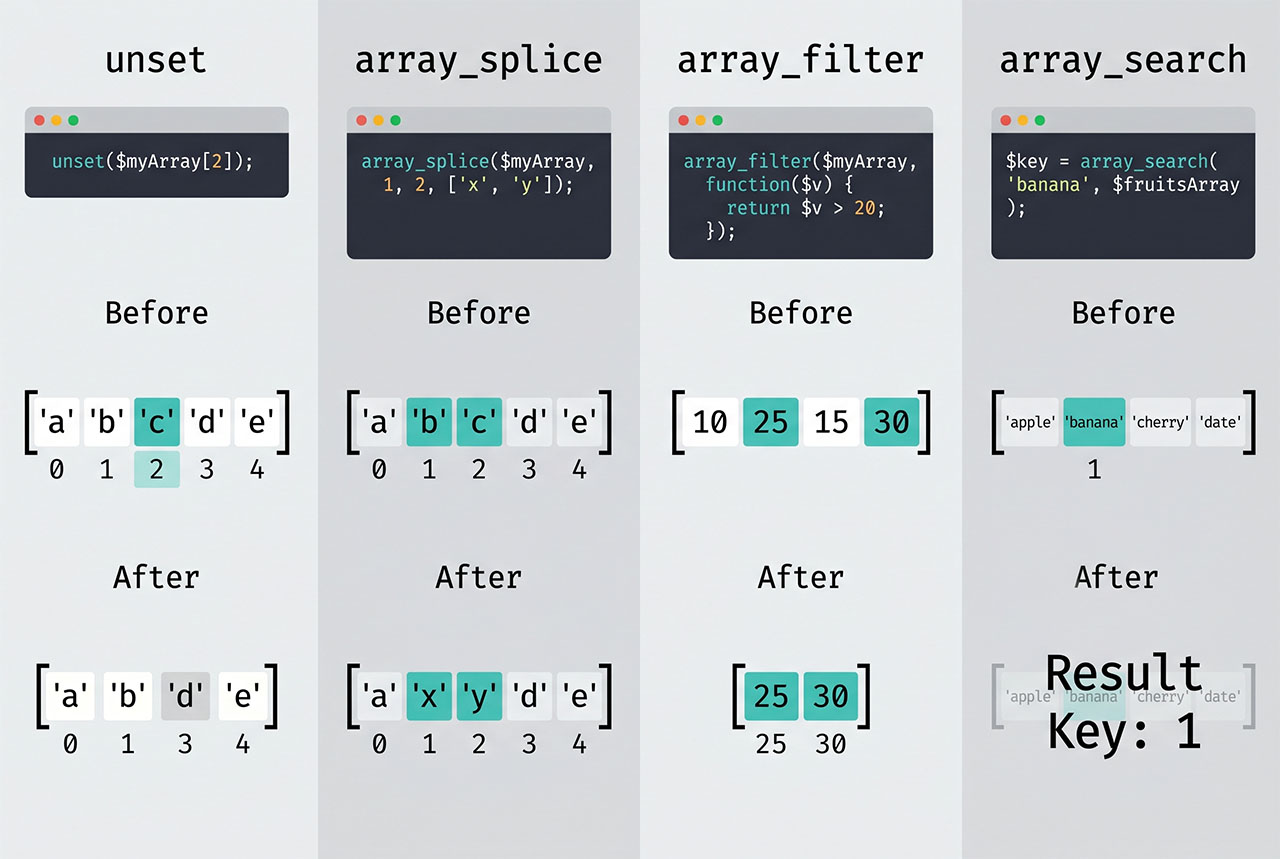 php delete array element — unset, array_splice, array_filter, array_search