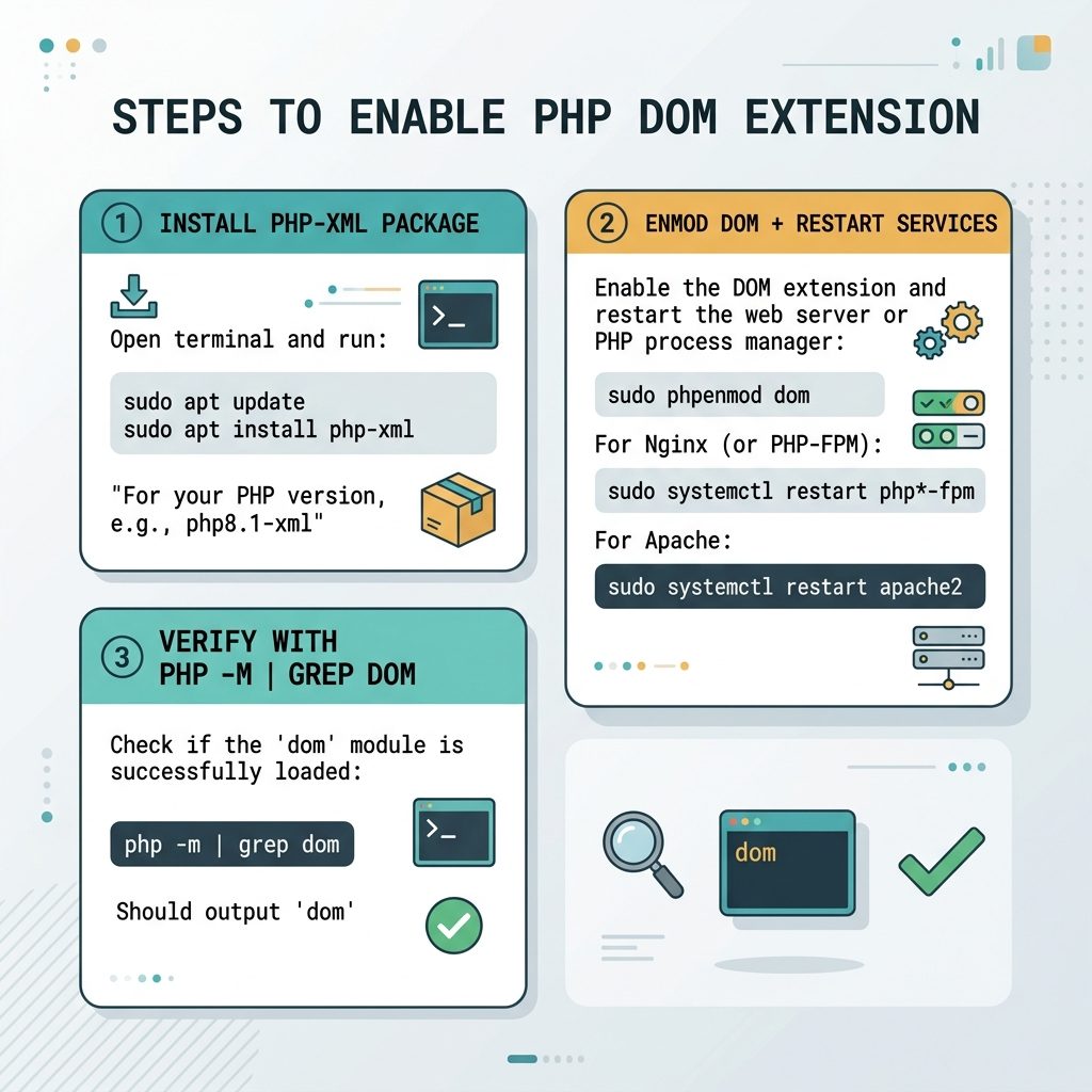 Enable PHP DOM extension — install php-xml, restart FPM or Apache, verify with php -m