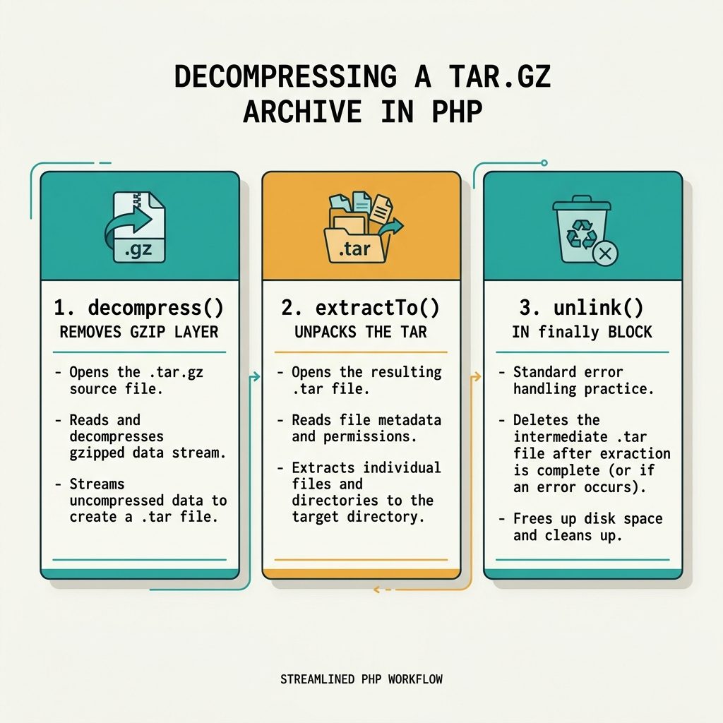 PHP extract .tar.gz with PharData — decompress gzip, extractTo destination, cleanup intermediate