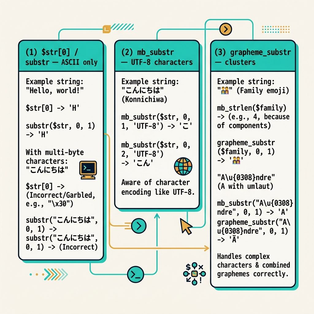 PHP first character — bracket and substr for ASCII, mb_substr for UTF-8, grapheme_substr for clusters
