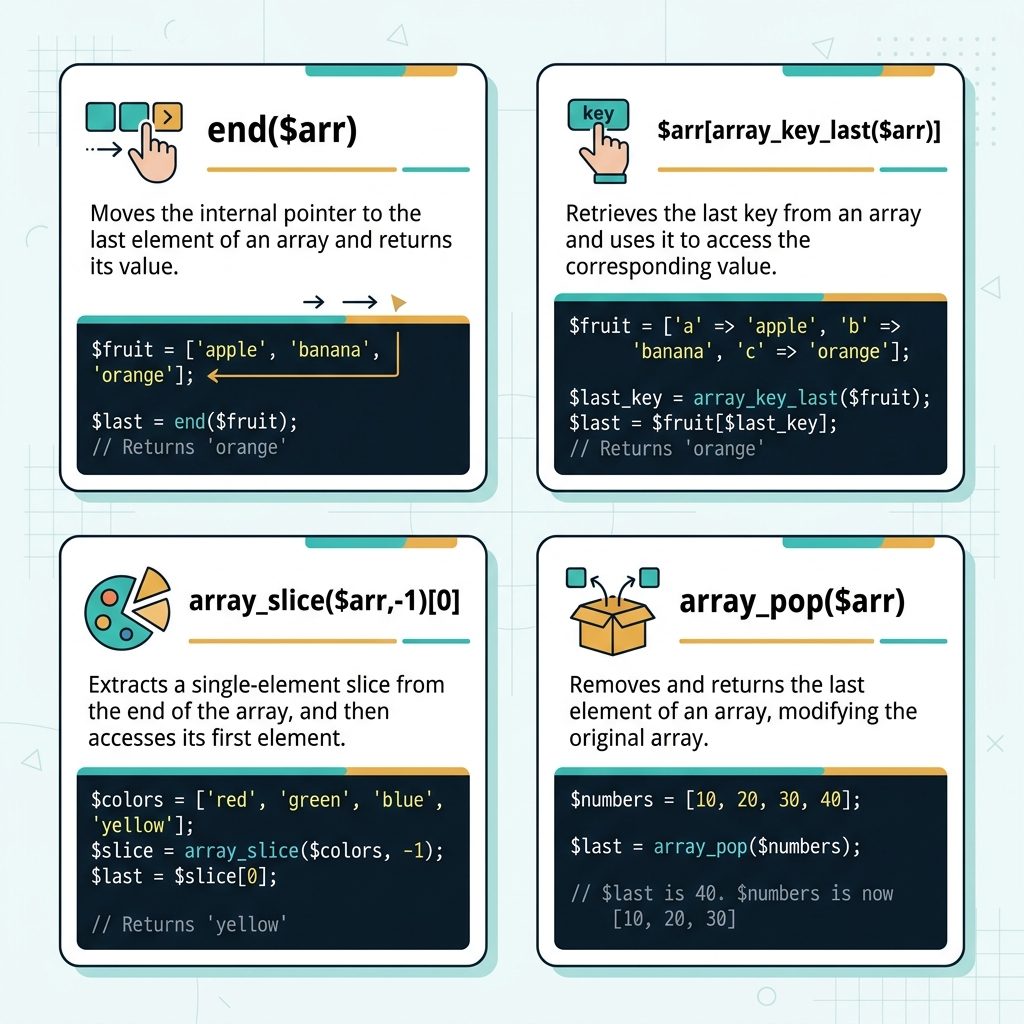 PHP last array item — end(), array_key_last(), array_slice, array_pop compared