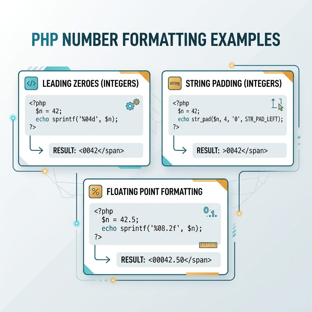 PHP leading zeros — sprintf %04d, str_pad STR_PAD_LEFT, float width with decimal