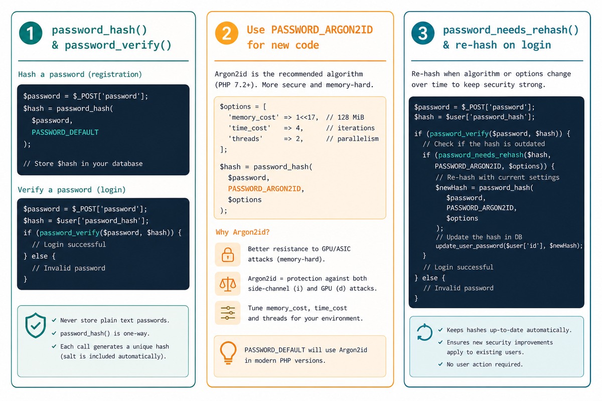 PHP password hashing — password_hash + verify, PASSWORD_DEFAULT bcrypt, Argon2id, password_needs_rehash