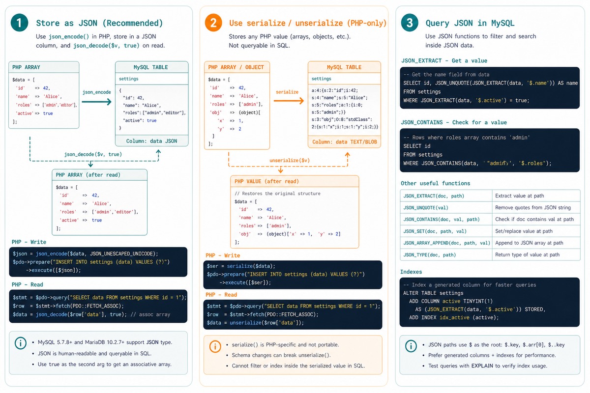 Store PHP array in MySQL — json_encode/decode, JSON column type, normalize when querying