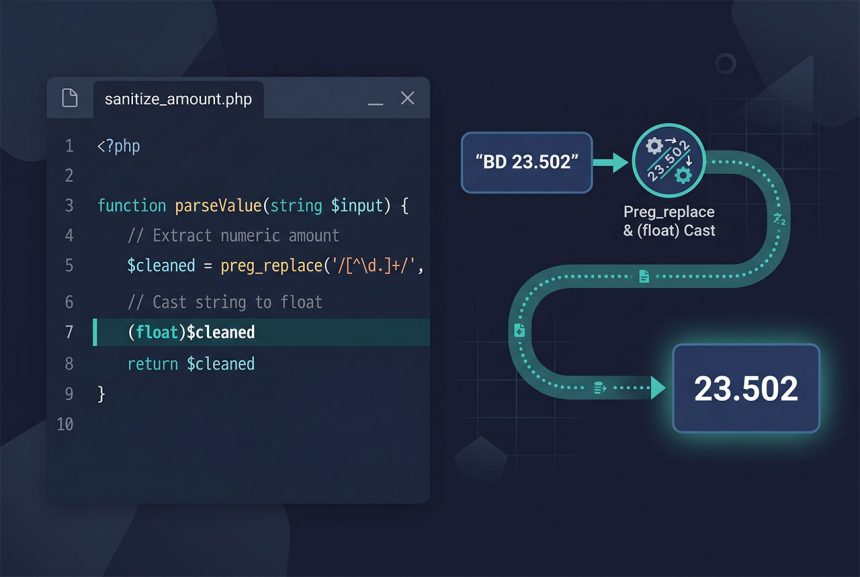 PHP string to float conversion with cast, regex cleanup, NumberFormatter