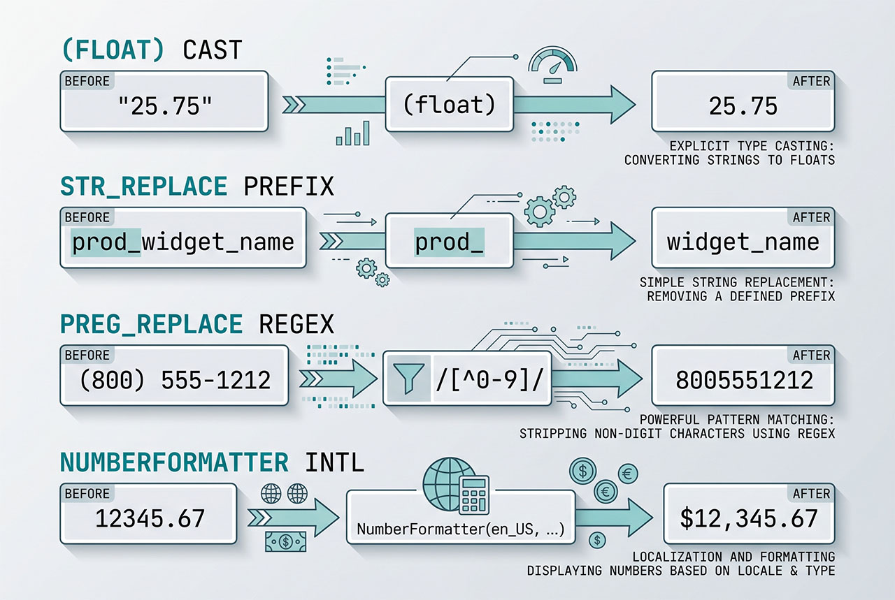 php string to float — cast, str_replace prefix, preg_replace cleanup, NumberFormatter locale