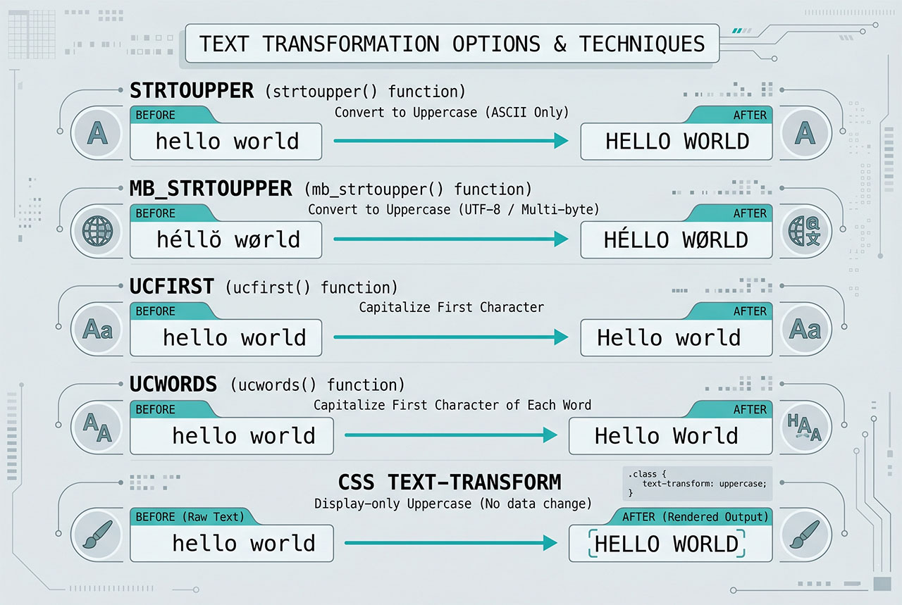 php string uppercase — strtoupper, mb_strtoupper, ucfirst, ucwords, CSS text-transform