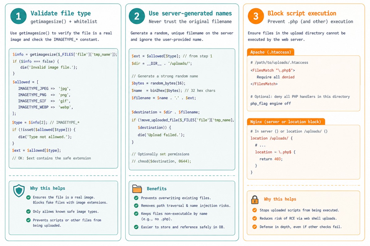 PHP image upload — getimagesize byte check, rename on disk, htaccess block PHP execution