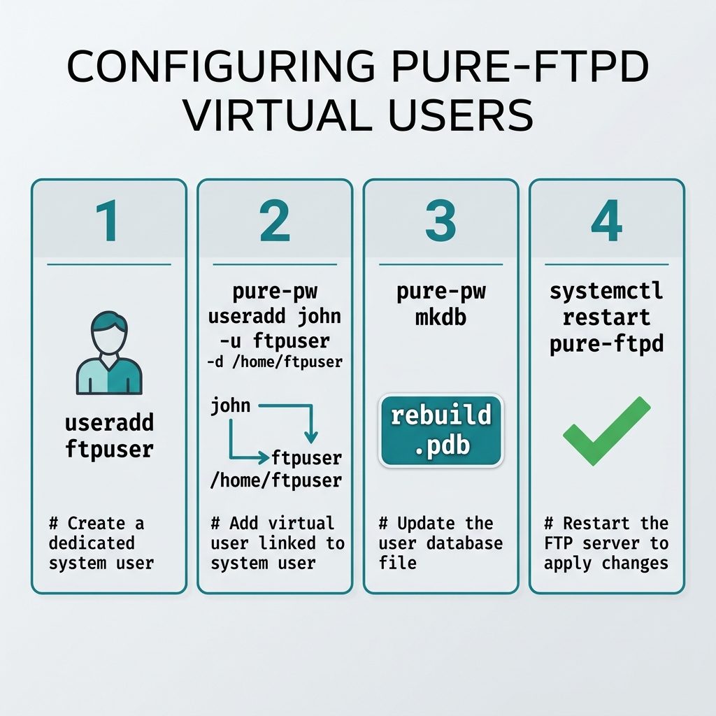 Pure-FTPd add user flow — virtual FTP user mapped onto a non-root system user, then mkdb, then service restart