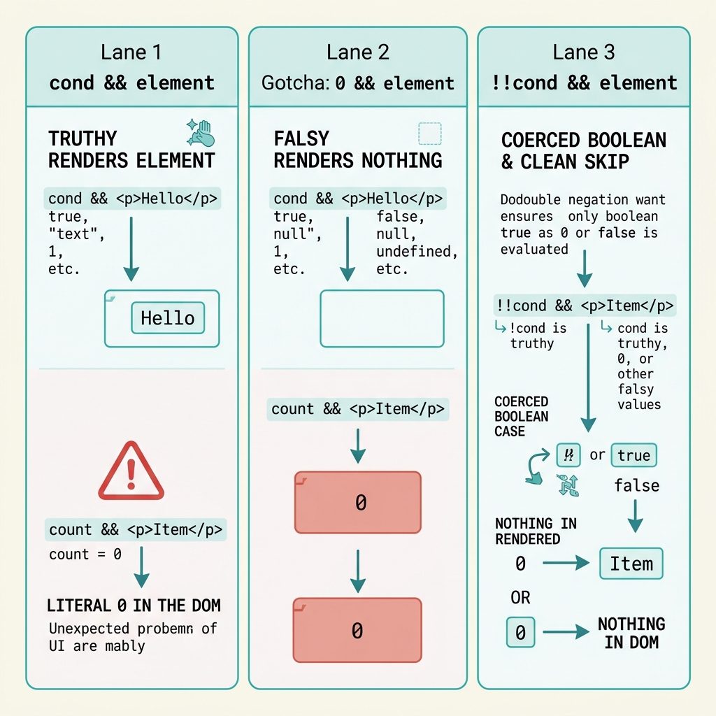 React.createElement conditional rendering — short-circuit && with the !! coerce safety net