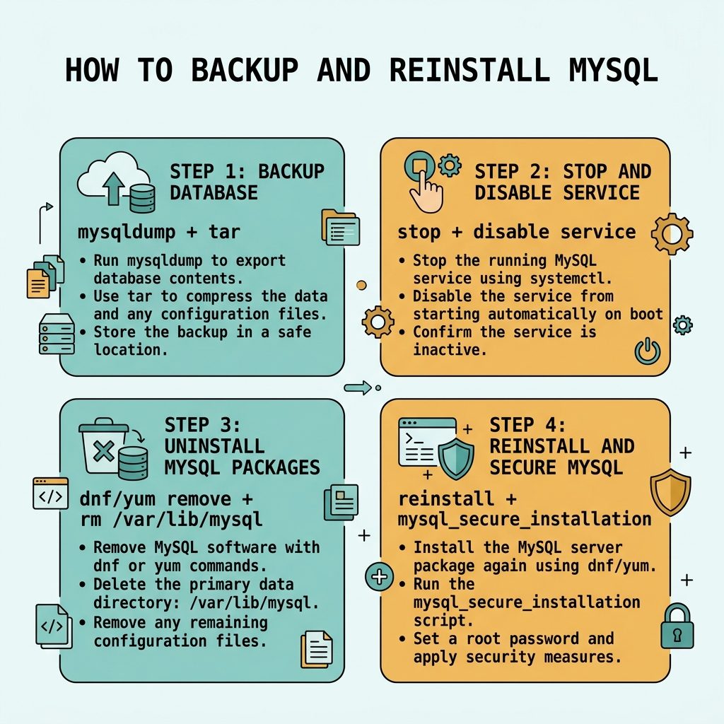 Remove MariaDB on RHEL — stop service, dnf/yum remove, delete data dir, reinstall