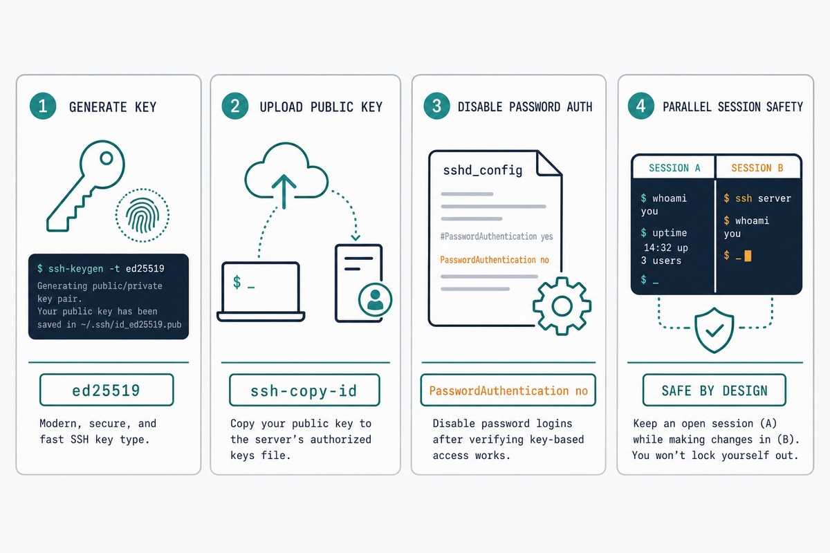 SSH key authentication flow — ed25519 keygen, ssh-copy-id, sshd_config edit, lockout protection via parallel session