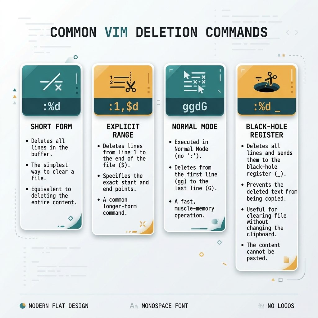 Vim delete all lines — :%d, :1,$d, ggdG, range variants