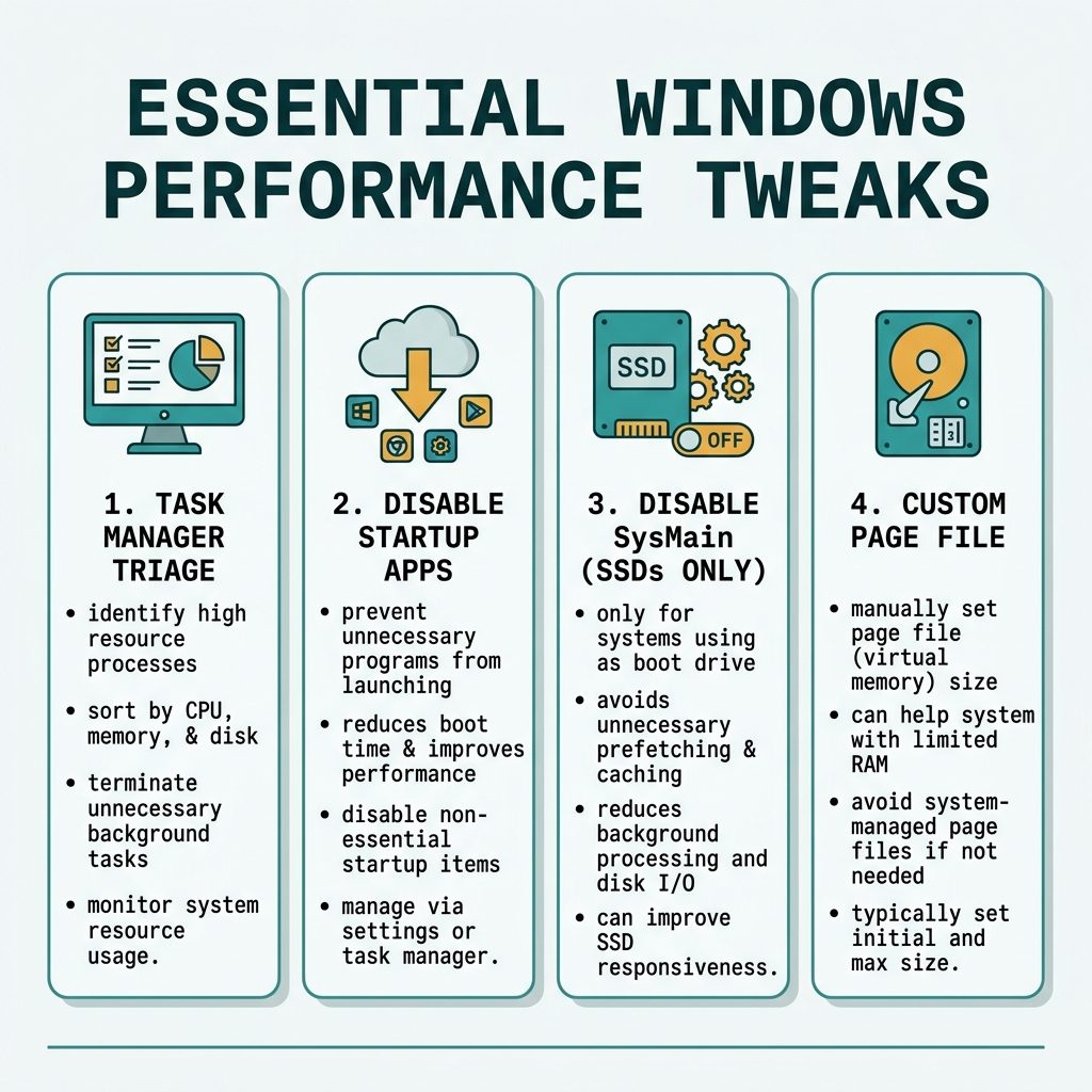 Windows 11 high memory — Task Manager triage, disable startup, SysMain on SSDs, virtual memory
