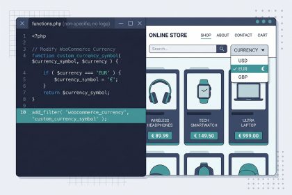 WooCommerce dynamic currency switcher — cookie-stored currency applied via woocommerce_currency filter
