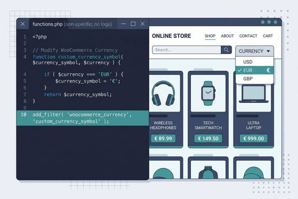 WooCommerce dynamic currency switcher — cookie-stored currency applied via woocommerce_currency filter