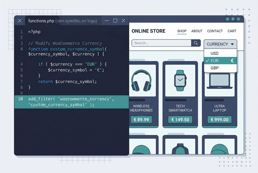 WooCommerce dynamic currency switcher — cookie-stored currency applied via woocommerce_currency filter
