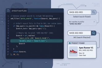WooCommerce SKU search — posts_search filter injecting SKU-matched product IDs