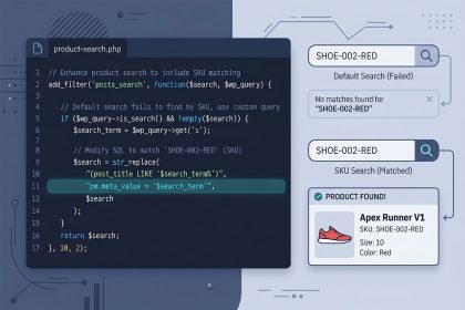 WooCommerce SKU search — posts_search filter injecting SKU-matched product IDs