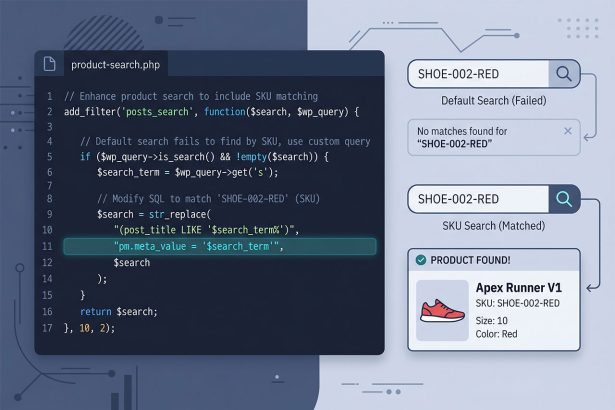 WooCommerce SKU search — posts_search filter injecting SKU-matched product IDs