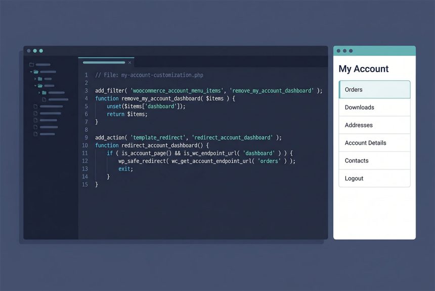 WooCommerce orders as My Account default — menu filter + redirect