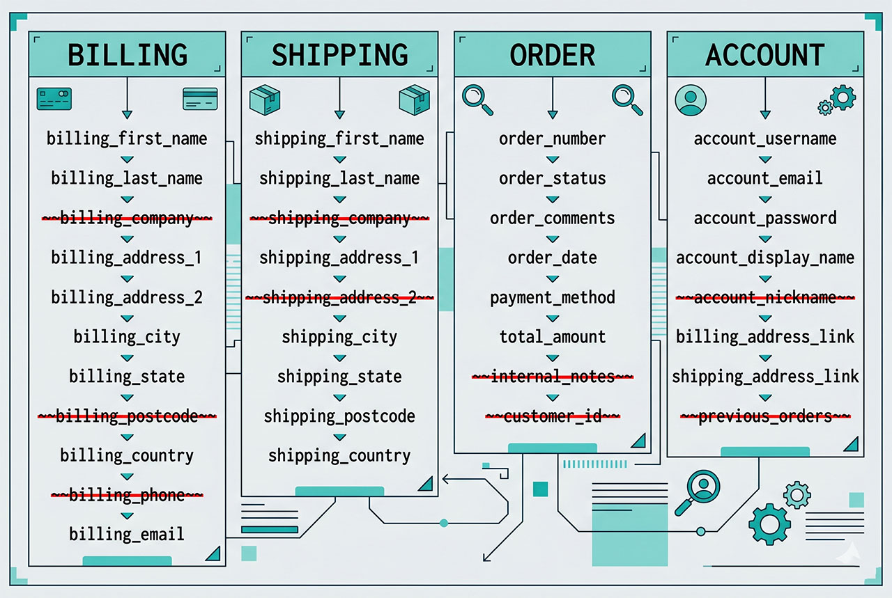 woocommerce remove checkout fields — woocommerce_checkout_fields filter with four sections