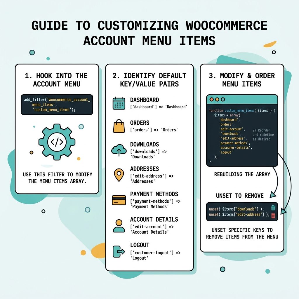 WooCommerce My Account menu — rename via filter, default keys, reorder, remove