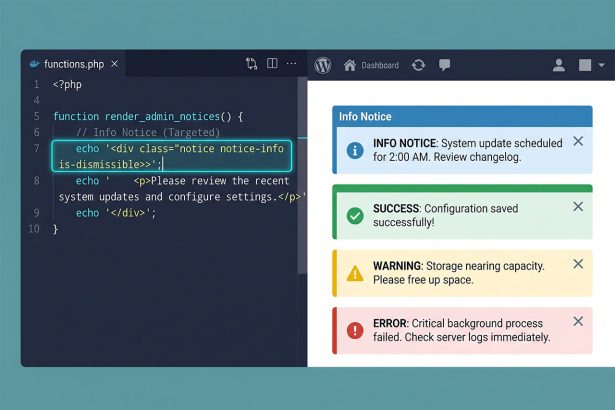 WordPress admin notice — four notice types shown at the top of the admin area
