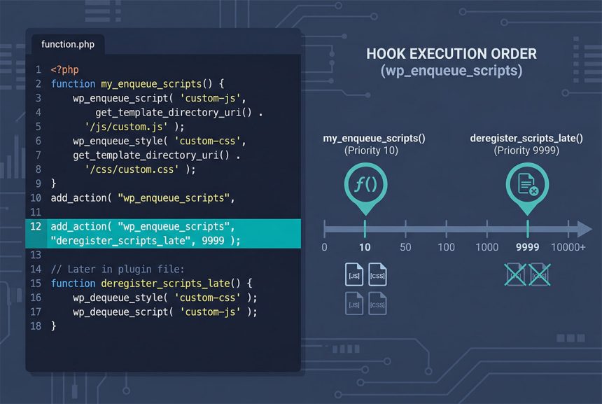 WordPress wp_dequeue_style priority 9999 runs after plugin enqueues