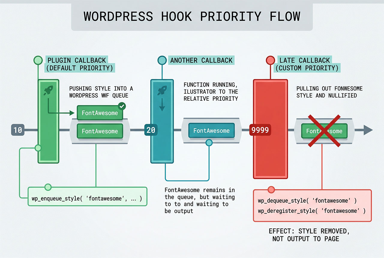 wordpress wp_dequeue_style not working — priority 9999 runs after plugin enqueues