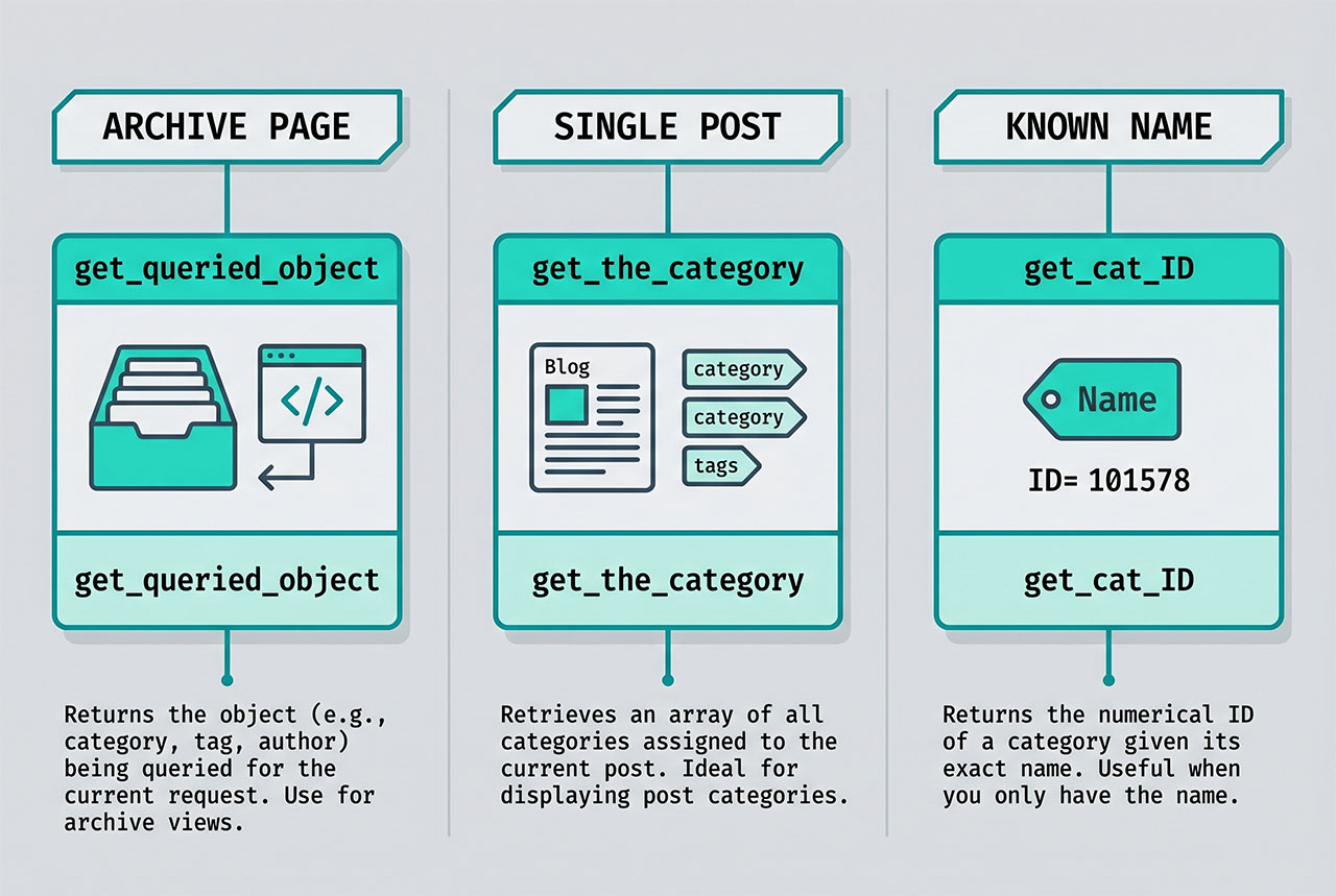 wordpress current category id — get_queried_object for archives, get_the_category for single posts