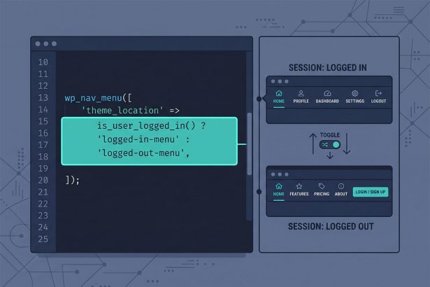 WordPress logged-in menu swap — register_nav_menus + wp_nav_menu with is_user_logged_in ternary