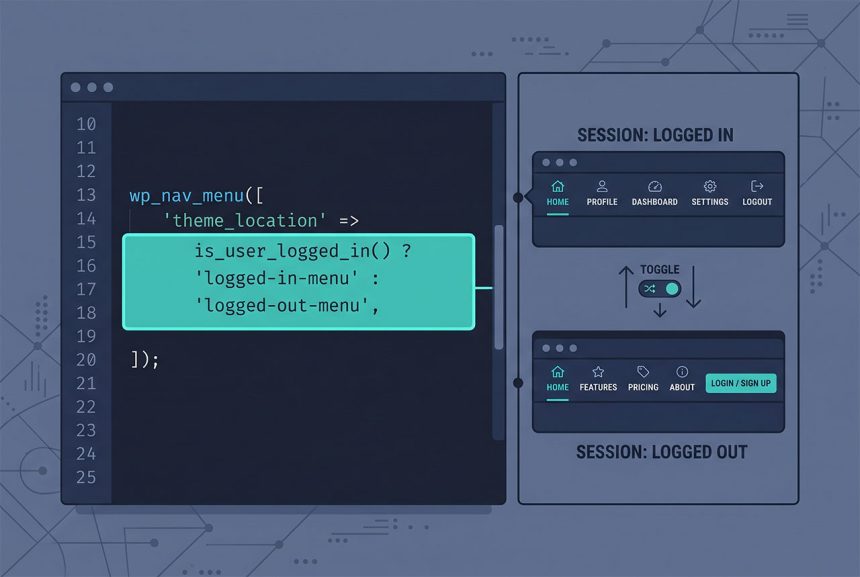 WordPress logged-in menu swap — register_nav_menus + wp_nav_menu with is_user_logged_in ternary