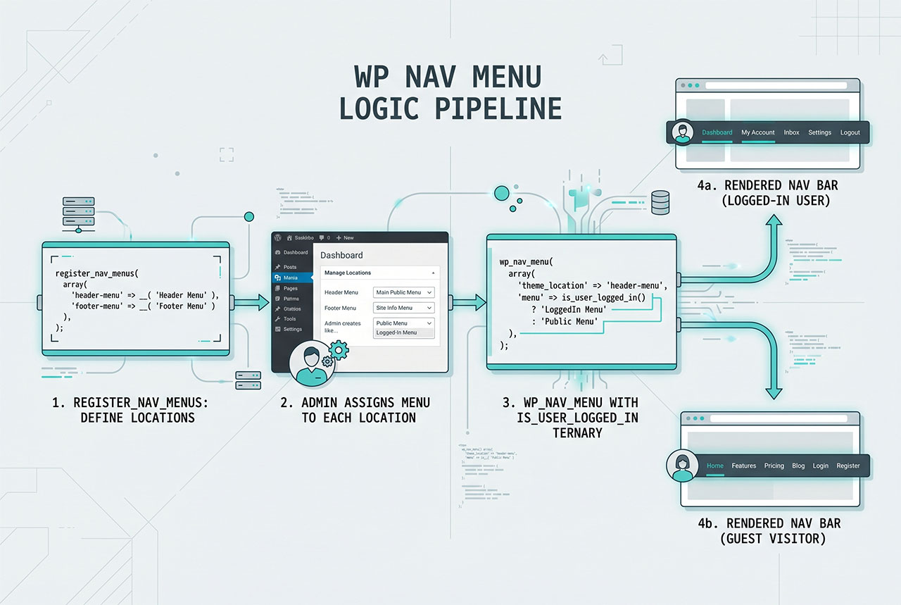 wordpress logged in menu — two registered locations, theme_location ternary picks which one renders
