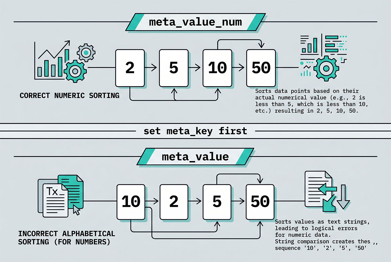 wordpress order posts by meta value — meta_value_num for numbers vs meta_value for strings