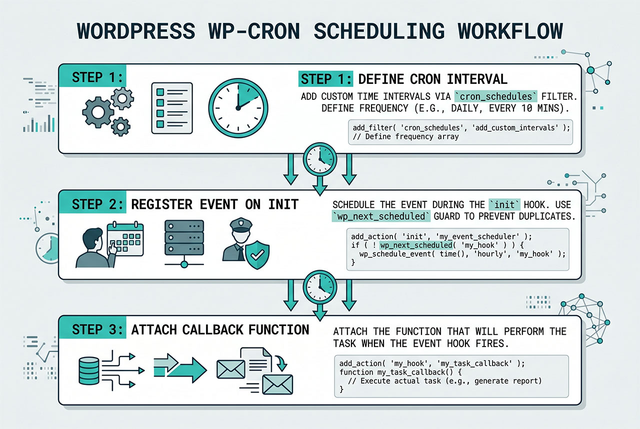 wordpress cron job no plugin — cron_schedules filter + wp_schedule_event + action callback
