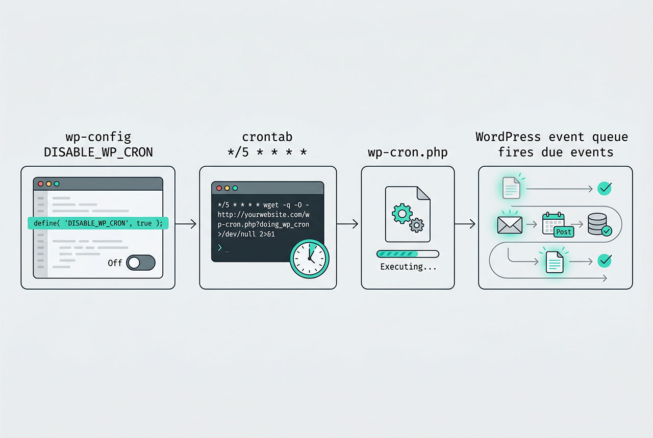 wordpress system cron — DISABLE_WP_CRON + a crontab hitting wp-cron.php every N minutes