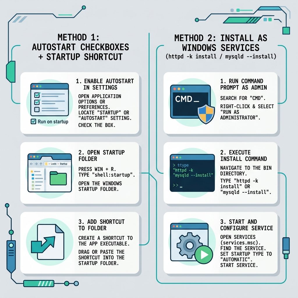 XAMPP autostart Apache and MySQL on Windows — two methods compared