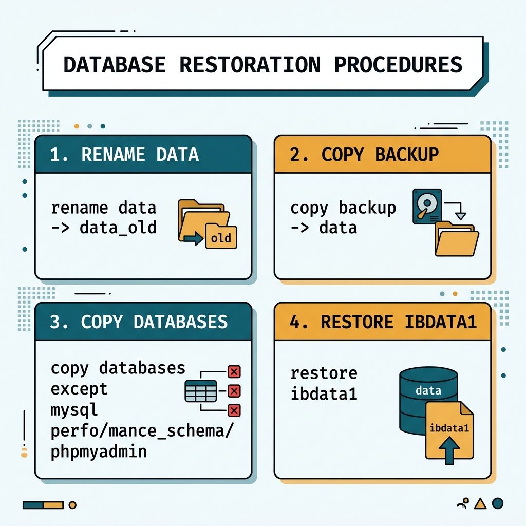 XAMPP MySQL recovery — rename data, copy backup, restore databases and ibdata1