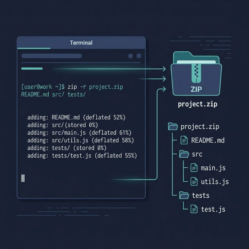 Zip multiple files and directories on Linux — zip -r command