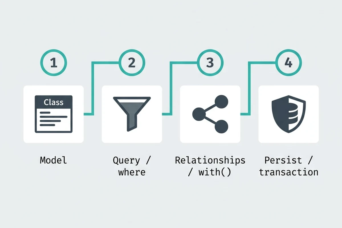 Laravel Eloquent workflow: define a model, query and filter records, relationships, persist in a transaction