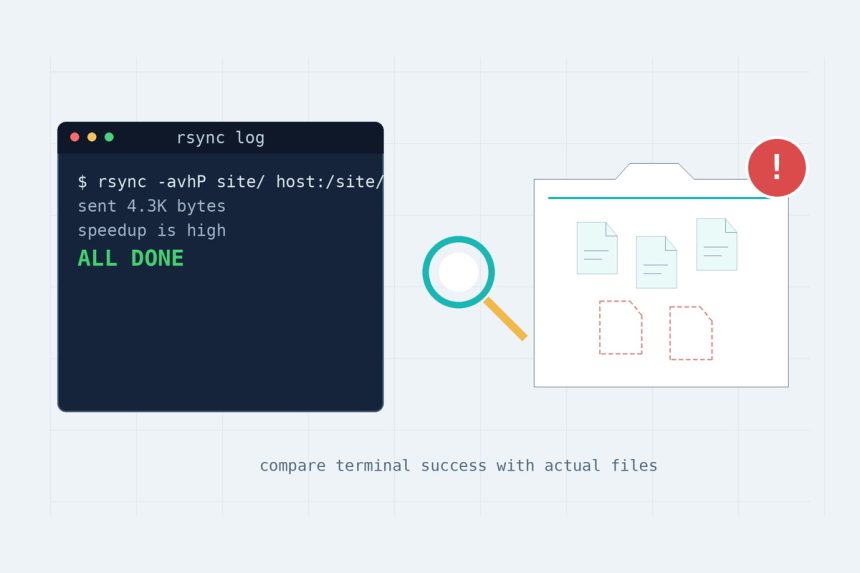 rsync says ALL DONE but files are missing — a terminal showing ALL DONE next to an empty folder